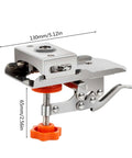 Front view of Amazon 1pc woodworking hinge boring guide; metal drill guide with orange knob and clamping lever
