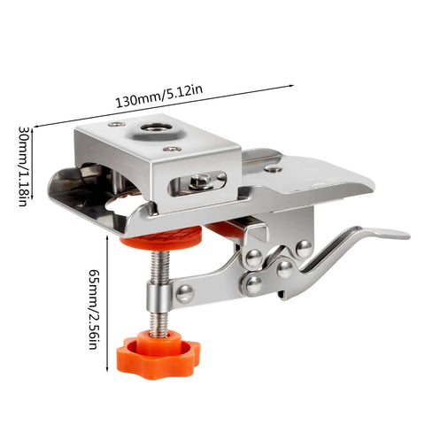Front view of Amazon 1pc woodworking hinge boring guide; metal drill guide with orange knob and clamping lever