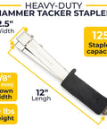Heavy Duty Hammer Tacker Stapler For 3/8 Inch Crown Staples One Hand Operation Manual Workhorse For Roofing Fencing Flooring Construction Built Like A Tank With Straight Shooting Accuracy And No Sweat Grip, showing size and features.