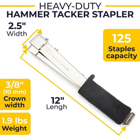 Heavy Duty Hammer Tacker Stapler For 3/8 Inch Crown Staples One Hand Operation Manual Workhorse For Roofing Fencing Flooring Construction Built Like A Tank With Straight Shooting Accuracy And No Sweat Grip, showing size and features.