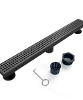 36 Inch Black Linear Shower Drain With Removable Grate Cover Brushed 304 Stainless Steel Shower Floor Drain Hair Strainer And Adjustable Feet No Rust Built To Last Fast Drainage, showing grate, strainer, and key.