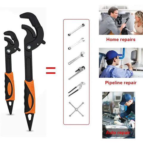 Two Piece Self Adjusting Wrench Set Universal Spanner And Pipe Wrench with Quick Power Grip, images show auto and home repair