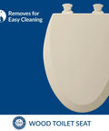 Elongated Molded Wood Toilet Seat In Almond With Easy Clean Change Hinges For Quick Release Cleaning And Modern Classic Look