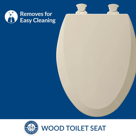 Elongated Molded Wood Toilet Seat In Almond With Easy Clean Change Hinges For Quick Release Cleaning And Modern Classic Look
