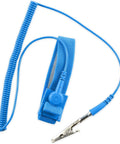 Blue anti-static wrist strap with adjustable strap and coiled grounding cord with metal alligator clip