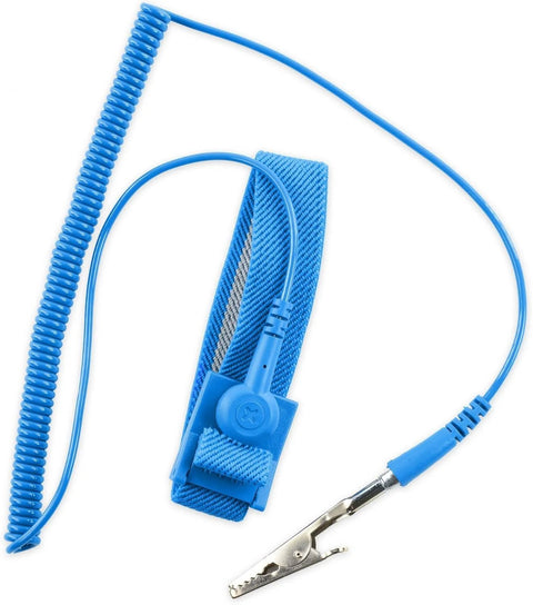Blue anti-static wrist strap with adjustable strap and coiled grounding cord with metal alligator clip