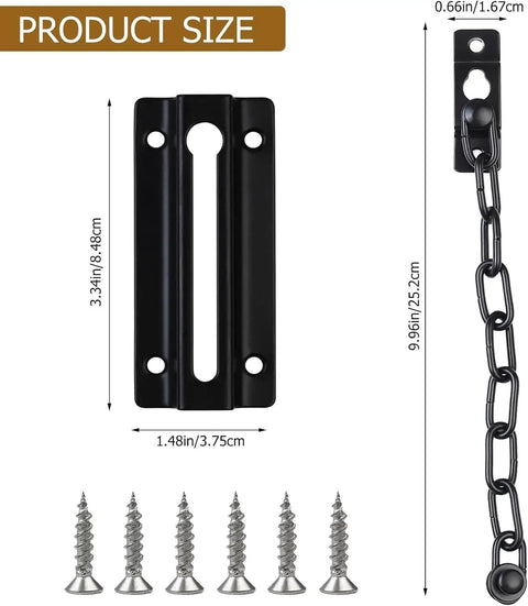 Heavy Duty Metal Door Chain Locks Kit With Six Screws For Inside And Front Doors Sturdy Door Guard dimensions displayed
