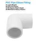 Close-up of a white PVC right angle elbow fitting for 1/2 inch pipes, part of a four piece set, ideal for garden structures and DIY projects.