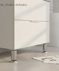 Adjustable Stainless Steel Furniture Legs For Leveling Cabinets And Vanities On Uneven Floors supporting a cabinet