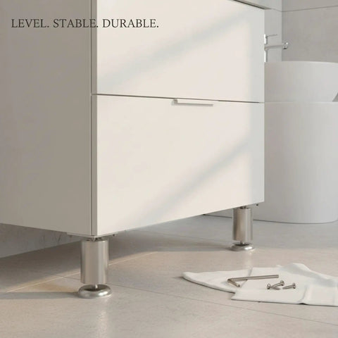 Adjustable Stainless Steel Furniture Legs For Leveling Cabinets And Vanities On Uneven Floors supporting a cabinet