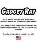 Gadget Ray small business logo with text about products designed and made in the USA, featuring an American flag.