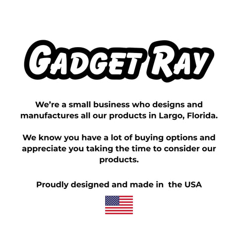 Gadget Ray small business logo with text about products designed and made in the USA, featuring an American flag.