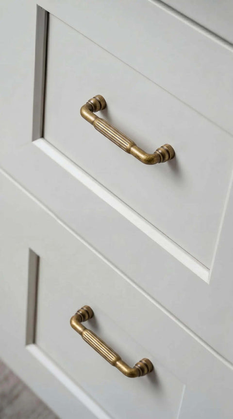 Antique Brass Fluted Cabinet Pulls, 3 Inch Hole Centers, Old School Vintage Kitchen Drawer Handles on white cabinet