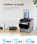 Top Shelf Electric Ice Cube Maker Machine With Integrated Water Dispenser Premium Stainless Steel Countertop Ice Unit, compact design.
