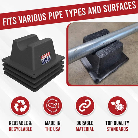4-pack of black mini rooftop pipe supports, 6x6x3 in, 300 lb capacity, made in USA.