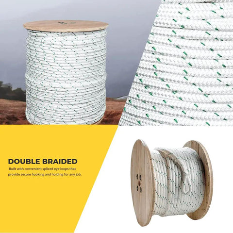Double Braided Polyester Pulling Rope With Eye Loop For Marine Use And Winching, Heavy Duty 1/4 Inch X 600 Feet, White With Green Tracers