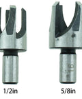 Heavy Duty High Speed Steel Dowel Plug Removal Drill Bit Set, Titanium Coated with 1/2in and 5/8in plug cutters displayed.