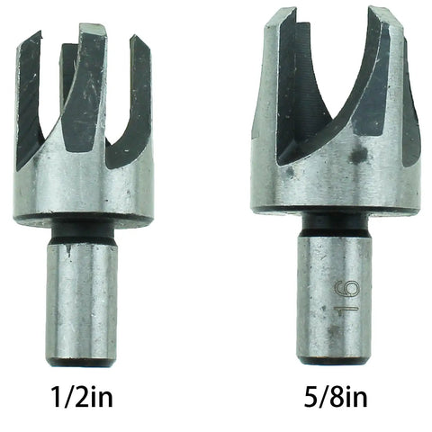 Heavy Duty High Speed Steel Dowel Plug Removal Drill Bit Set, Titanium Coated with 1/2in and 5/8in plug cutters displayed.