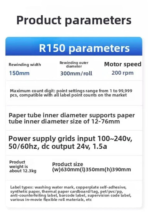 Product parameters for Heavy Duty Automatic Label Counting Rewinding Machine With Speed Control for industrial use.