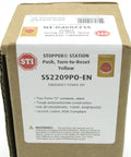 Stopper Station Push Button Turn-To-Reset With Yellow LED Indicator label on packaging for emergency power off control