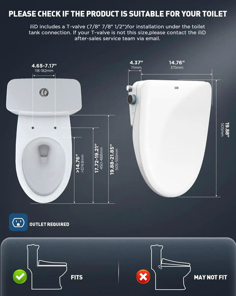 Electric Heated Bidet Toilet Seat With Smart Remote And Instant Warm Water Spray Featuring Easy Pressure Controls dimensions diagram for elongated toilets.