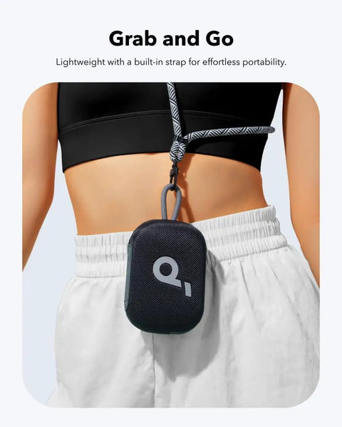 Person carrying Dope Bluetooth Shower Speaker With IP67 Waterproof, Floats, And 20 Hours Of Playtime attached to waist strap.