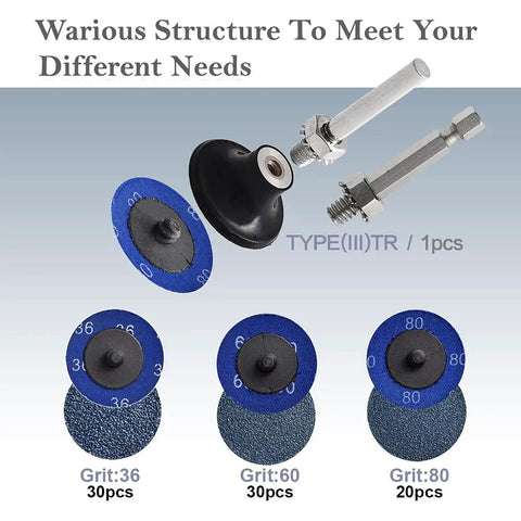 Quick Change Grinding Disc Set 2 Inch Zirconia Coated Sanding Discs 36 60 80 Grit 80 Piece Die Grinder Accessories with Roll Lock Pad TR Type III and Quarter Inch Shanks