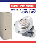Limit Control Switch Replacement For Nordyne Furnaces And Air Handlers with image of 2 Pole 626458R component on red background.