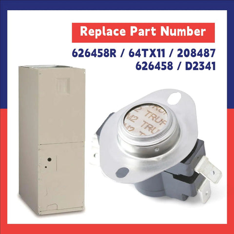 Limit Control Switch Replacement For Nordyne Furnaces And Air Handlers with image of 2 Pole 626458R component on red background.