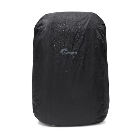 ProTactic BP 350 AW III 17L Camera Backpack with All Weather Cover, shown with rain droplets on black protective layer.