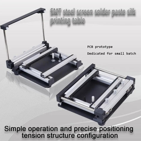 Manual SMT Solder Paste Printing Table With Steel Mesh, Small Screen Printing Station showing platform angle and tension structure