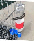 Five Piece Automatic Bird Water Dispenser Set With Dual Drinking Ports Hassle Free Install Drip Proof Auto Refill Cups For Parrots And Pigeons Super Convenient No Mess Design For Home Or Pet Shop Use Random Colors - blue clip on cup with juice bottle.