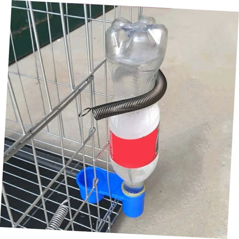 Five Piece Automatic Bird Water Dispenser Set With Dual Drinking Ports Hassle Free Install Drip Proof Auto Refill Cups For Parrots And Pigeons Super Convenient No Mess Design For Home Or Pet Shop Use Random Colors - blue clip on cup with juice bottle.