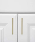 Sleek Satin Nickel Square Cabinet Pull Handle 5.39 Inch Length 5 Inch Center 1.10 Inch Projection 10 Pack installed on white cabinets