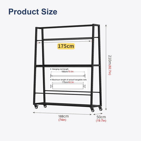 Heavy Duty Garage Mobile Vinyl Wrap Organizer Rack Featuring Adjustable Multi Tier Metal Frame And Smooth Rolling Lockable Casters product dimensions illustration