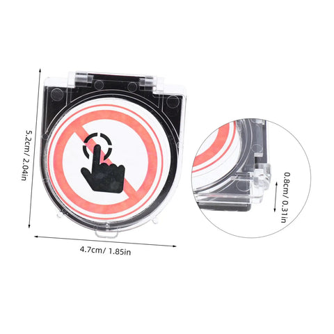 Heavy Duty Button Guard For Computers And PCs Keeps You From Accidental Presses Push Button Cover Protector, clear plastic with no touch symbol, dimensions labeled