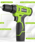 12V Cordless Drill Set With Battery And Charger, LED Work Light, 3/8 Inch Keyless Chuck, 21 Plus 1 Torque Settings, Electric Driver