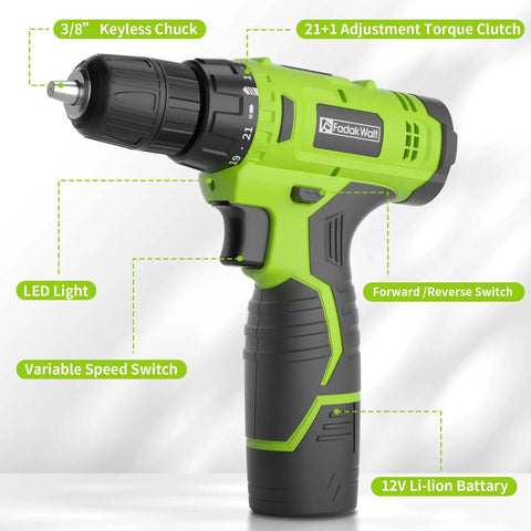 12V Cordless Drill Set With Battery And Charger, LED Work Light, 3/8 Inch Keyless Chuck, 21 Plus 1 Torque Settings, Electric Driver