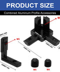 18 Pack Aluminum Extrusion Hardware Kit With 2020 3 Way Corner Brackets Inside Joints Sliding Hooks And Wrench For 20 Series Aluminum Extrusion Black showcasing product size and specifications