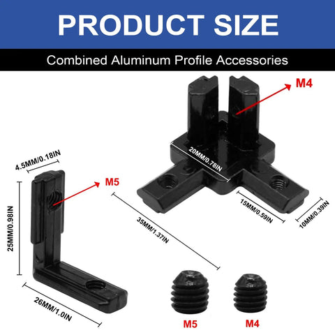 18 Pack Aluminum Extrusion Hardware Kit With 2020 3 Way Corner Brackets Inside Joints Sliding Hooks And Wrench For 20 Series Aluminum Extrusion Black showcasing product size and specifications
