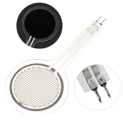 Front view of Force Sensitive Resistor MD30-60, 30mm round thin-film sensor with interdigitated grid and white flex lead