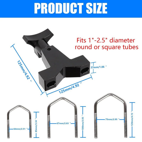 Hi Lift Jack Tube Mount For 1 To 2.5 Inch Tubing Fits Polaris RZR Offroad Rigs Universal Vehicle And Truck Adjustable High Lift Jack Mounting Aluminum With Stainless Hardware shown with dimensions.