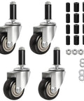 Set of four 3-inch expanding-stem swivel casters with black wheels, metal brackets and mounting hardware for stainless steel carts