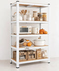 Heavy Duty 5 Tier Garage Shelves Built Tough Steel Rack With Thick MDF Panels Adjustable Commercial Shelving Unit Handles The Heavy Lifting Up To 1929 Pounds White Finish with kitchen items and decor.