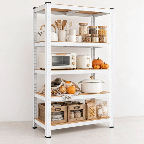Heavy Duty Five Tier Metal Shelving Unit With Adjustable Boltless Galvanized Steel Frame And Thick MDF Panels for Garage Pantry Laundry Room, white, holding kitchen items.