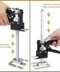 Hands using Labor Saving Arm Jack Lifting Helper Tool for hand jacks and appliance lifters, dual view showcasing operation.