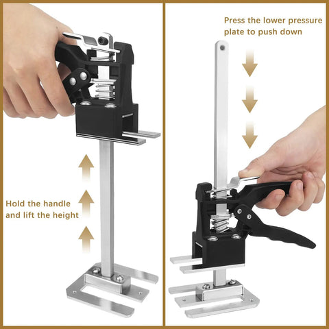 Hands using Labor Saving Arm Jack Lifting Helper Tool for hand jacks and appliance lifters, dual view showcasing operation.