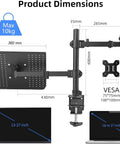 Ergonomic Monitor And Laptop Arm Mount For 13 To 32 Inch Screens Up To 22 Lbs with clamp, dimensions and weight details shown