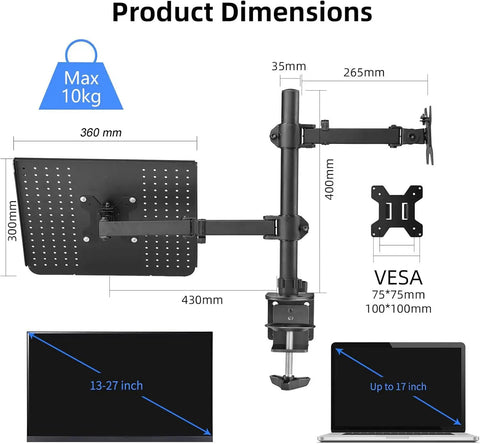 Ergonomic Monitor And Laptop Arm Mount For 13 To 32 Inch Screens Up To 22 Lbs with clamp, dimensions and weight details shown