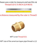 Half Inch NPT Brass Hex Nipple Male To Male Pipe Adapter 0.75 Inch OD 2 Pack shown with ruler for size reference
